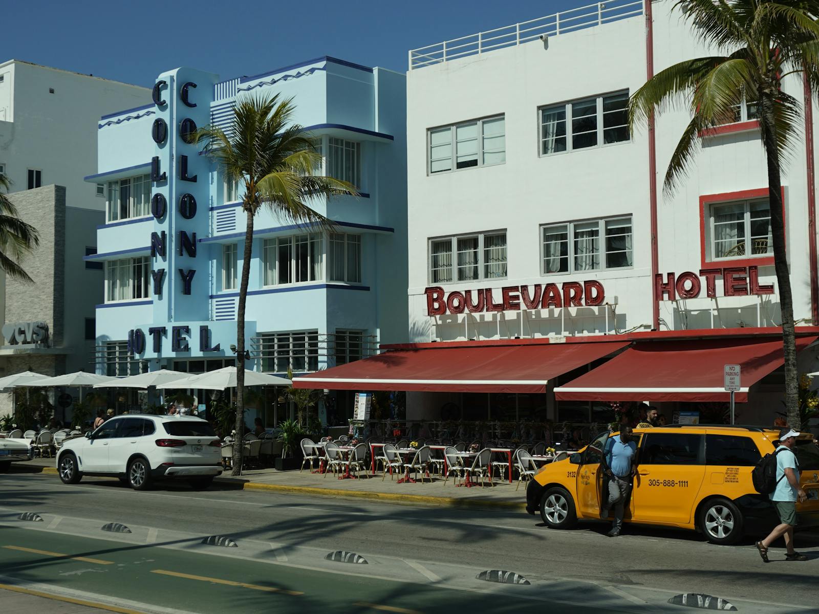 Art Deco hotels and palm trees on Ocean Drive in Miami Beach